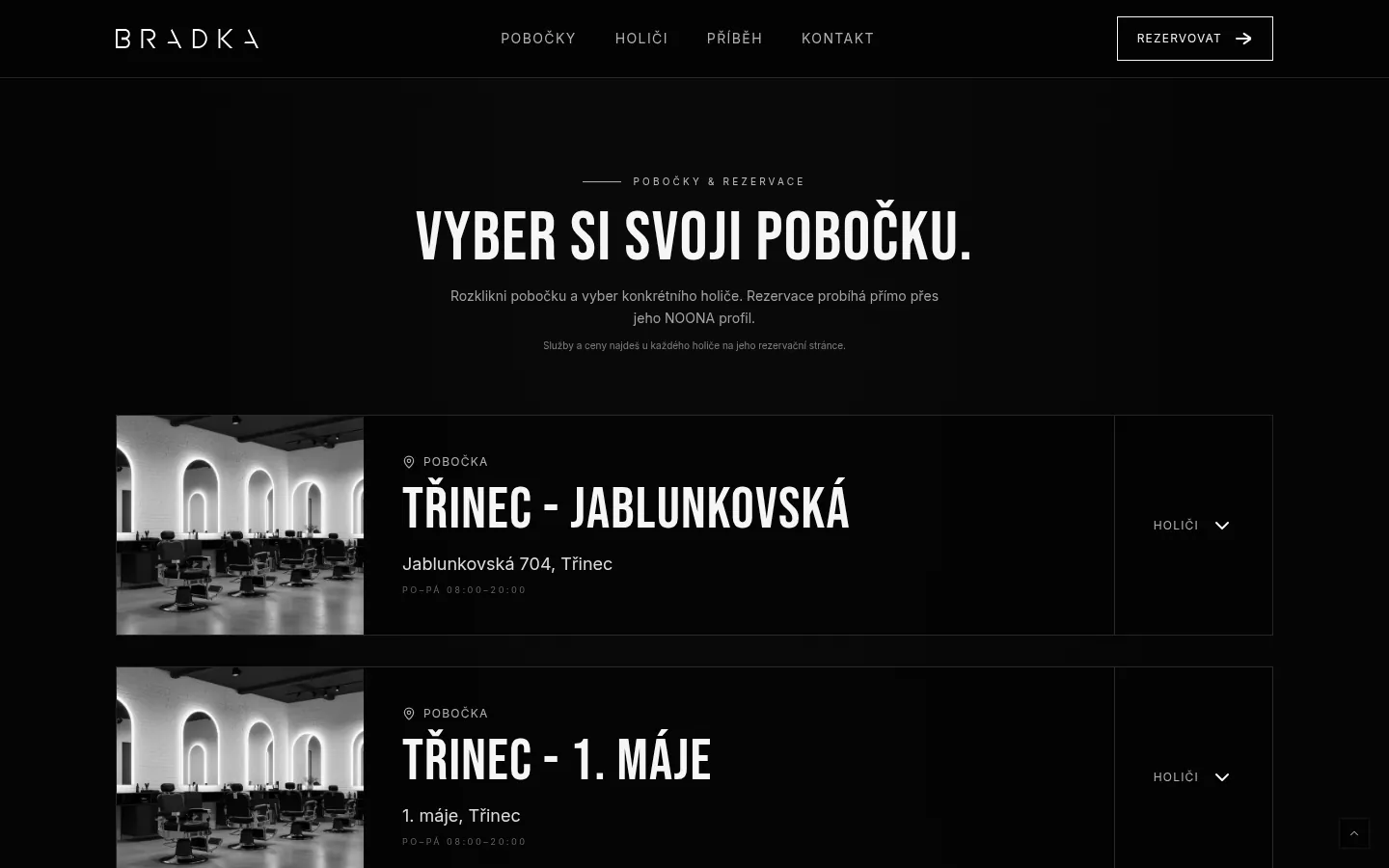 Výběr pobočky na novém webu Bradky